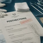 Posthectomie adulte : table de consultation en urologie avec documents et gants