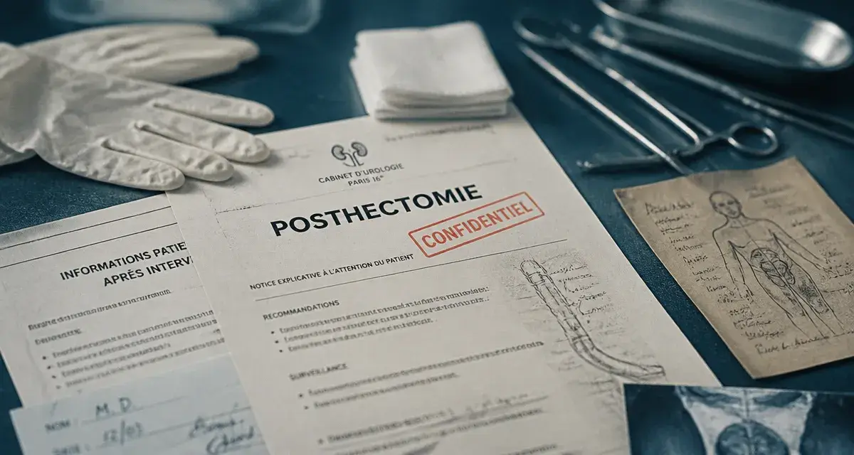 Posthectomie adulte : table de consultation en urologie avec documents et gants