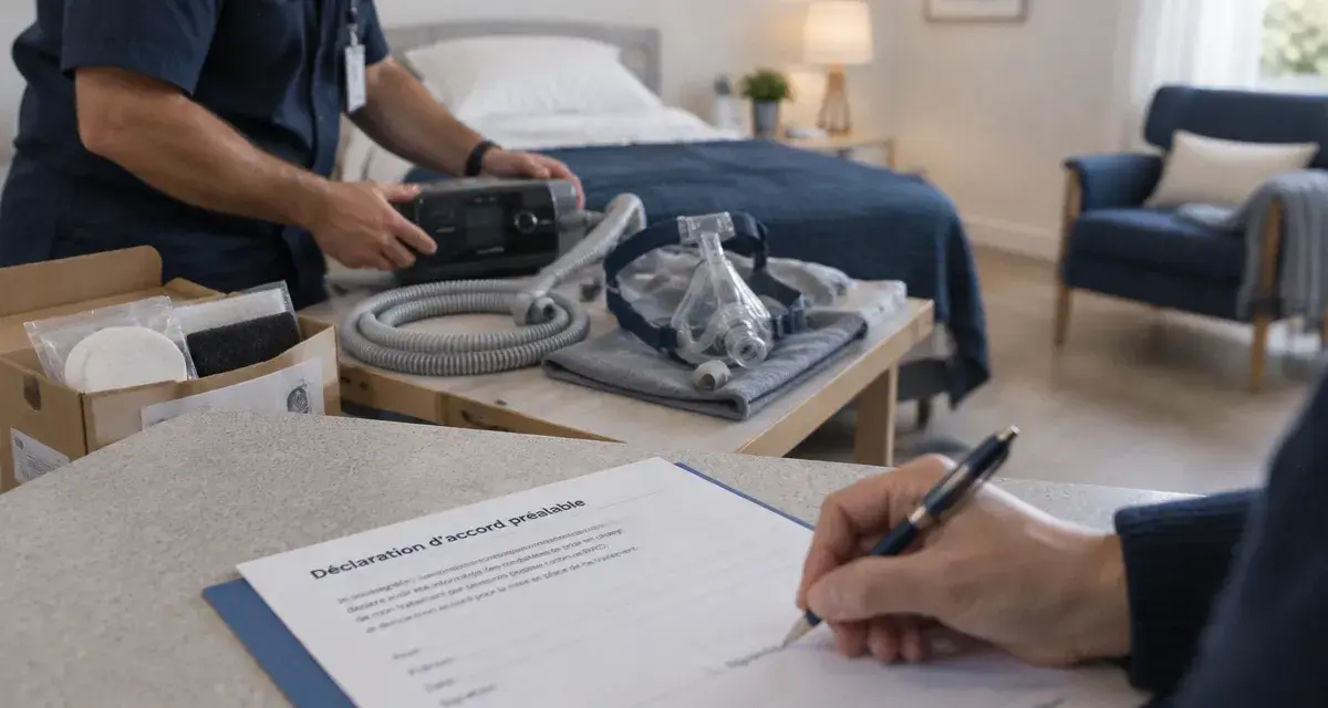 Prestataire apnée du sommeil : technicien installe une PPC, chambre calme